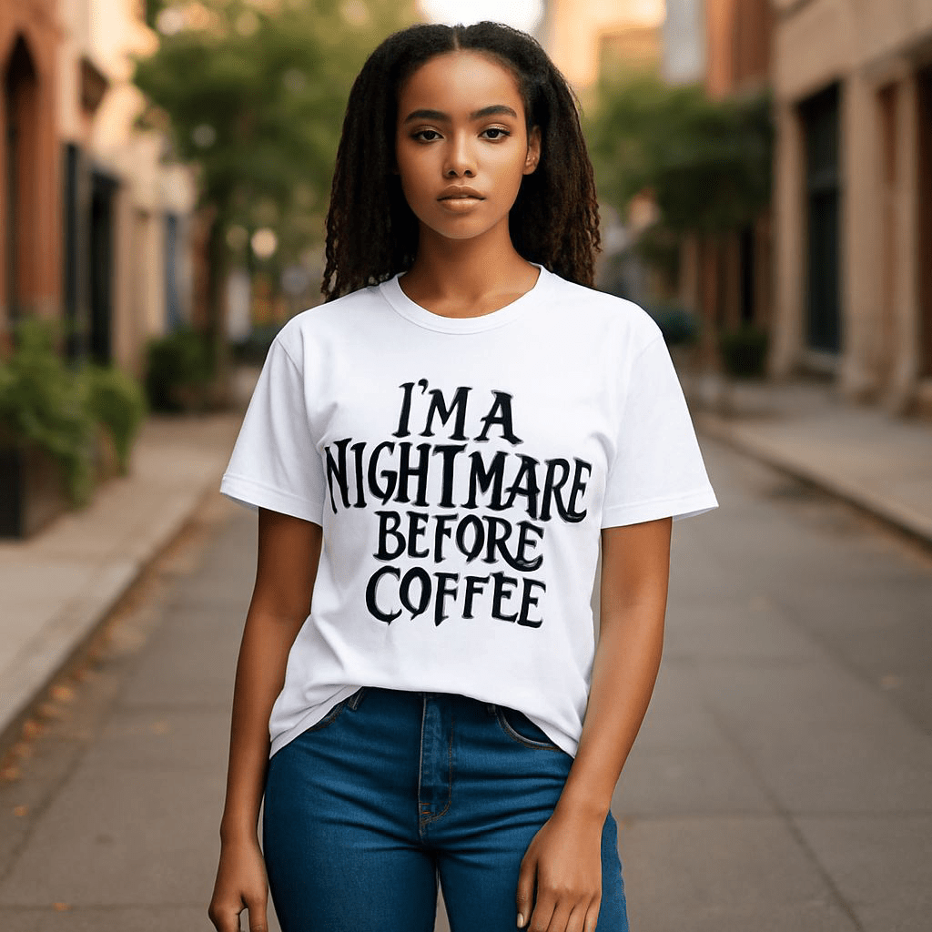 White Gildan cotton tee with "I'm a Nightmare Before Coffee" print worn by woman outdoors