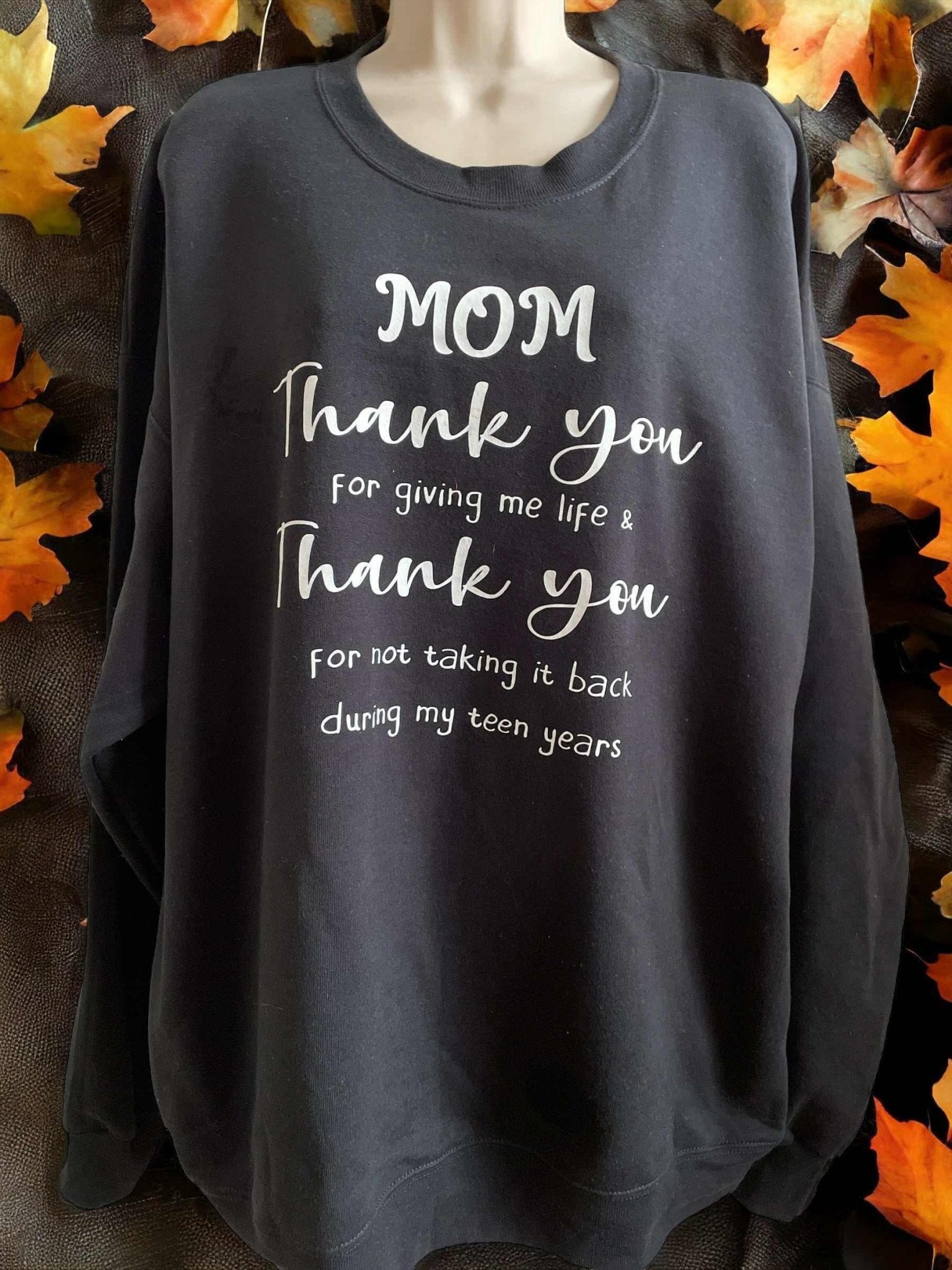 Black cotton long sleeve teeshirt with thank you mom message, comfortable casual wear
