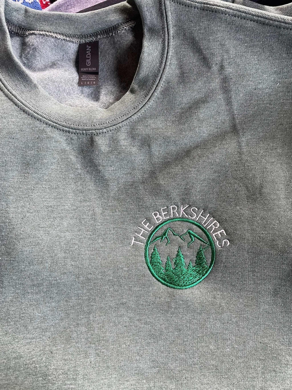 Grey Berkshires Sweatshirt with mountain and tree embroidery, soft 50/50 cotton blend for warmth