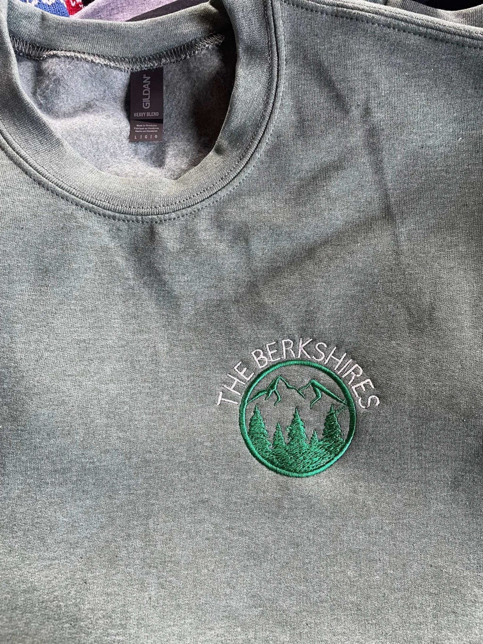 Grey Berkshires Sweatshirt with mountain and tree embroidery, soft 50/50 cotton blend for warmth