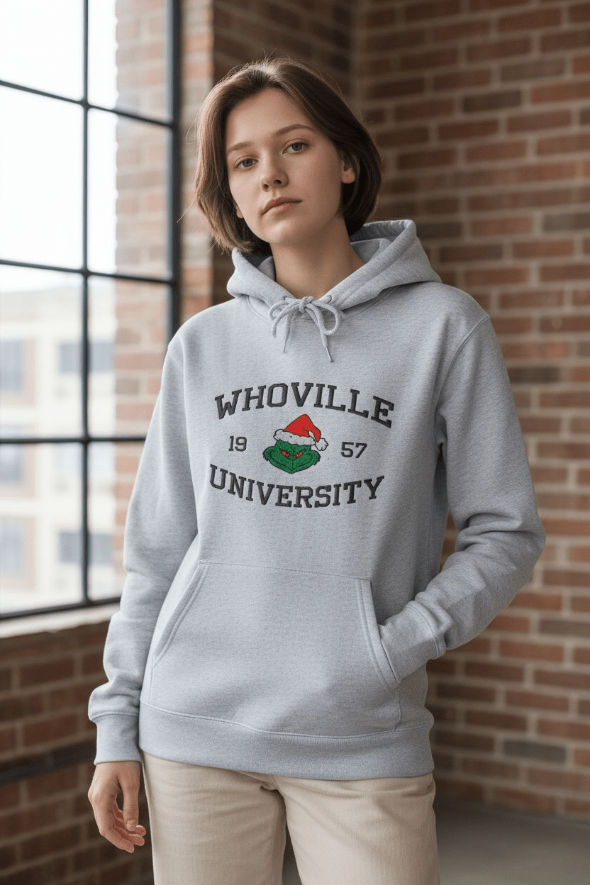 Light gray Whoville University hoodie with embroidered Grinch design for cozy everyday wear