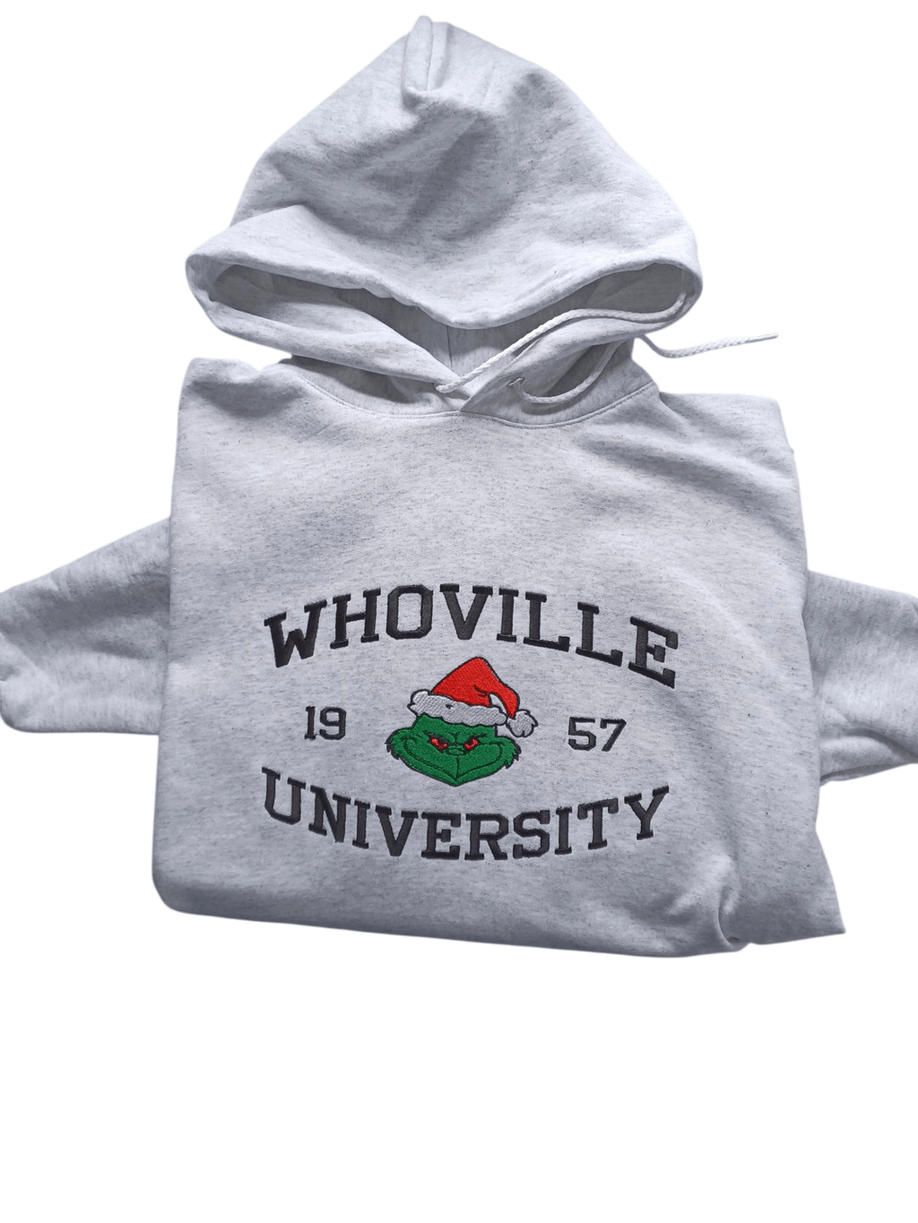 Light gray Whoville University hoodie with embroidered Grinch design and text